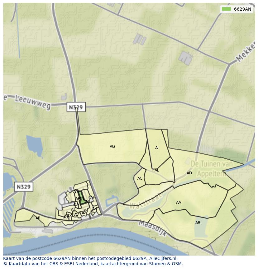 Afbeelding van het postcodegebied 6629 AN op de kaart.