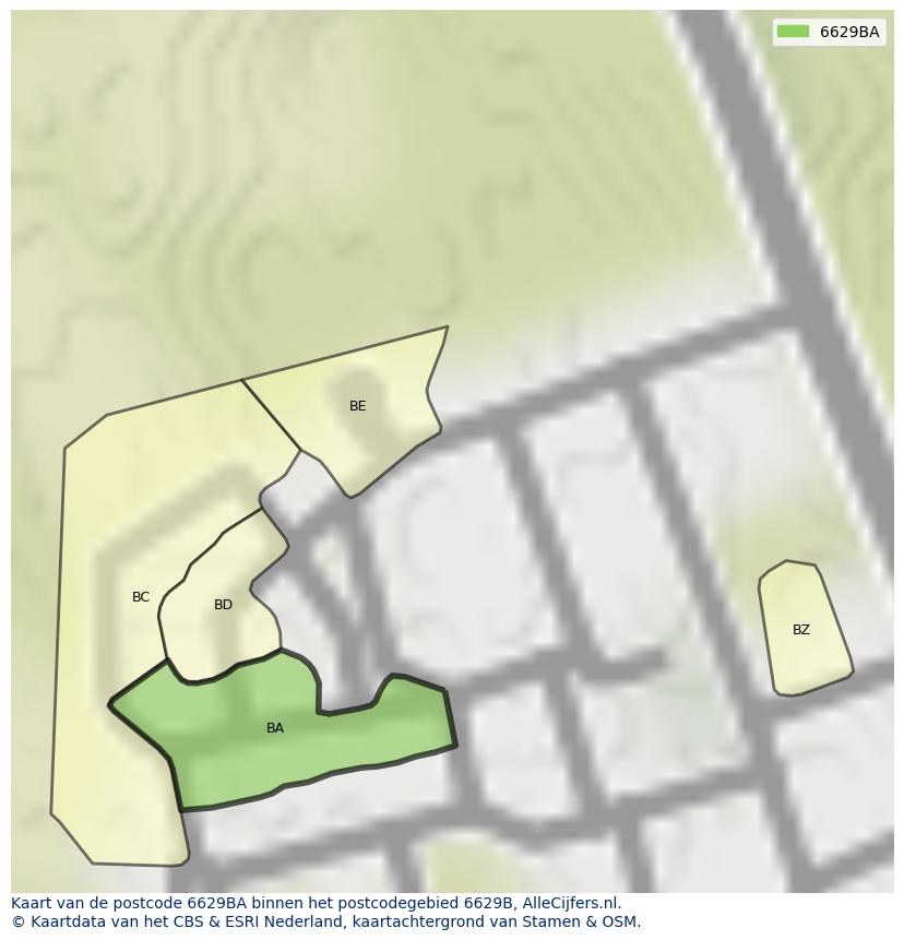 Afbeelding van het postcodegebied 6629 BA op de kaart.