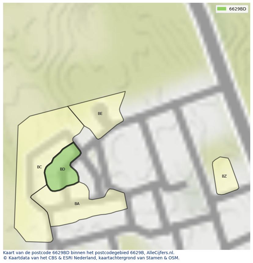 Afbeelding van het postcodegebied 6629 BD op de kaart.