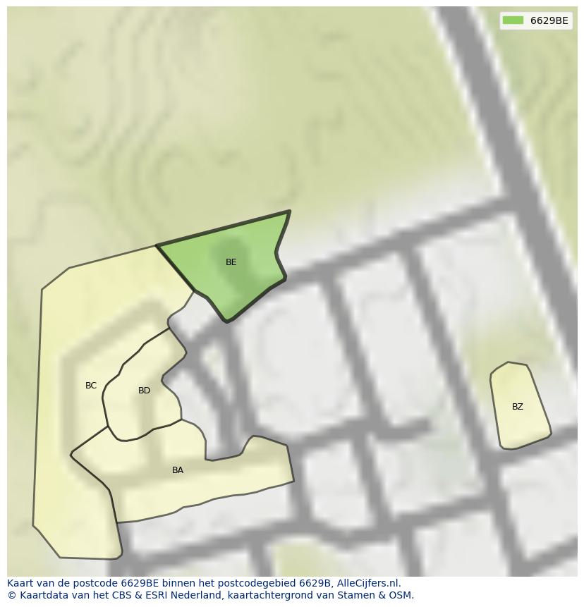 Afbeelding van het postcodegebied 6629 BE op de kaart.