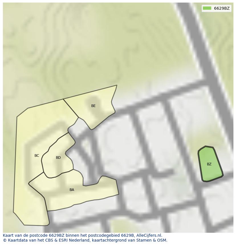 Afbeelding van het postcodegebied 6629 BZ op de kaart.