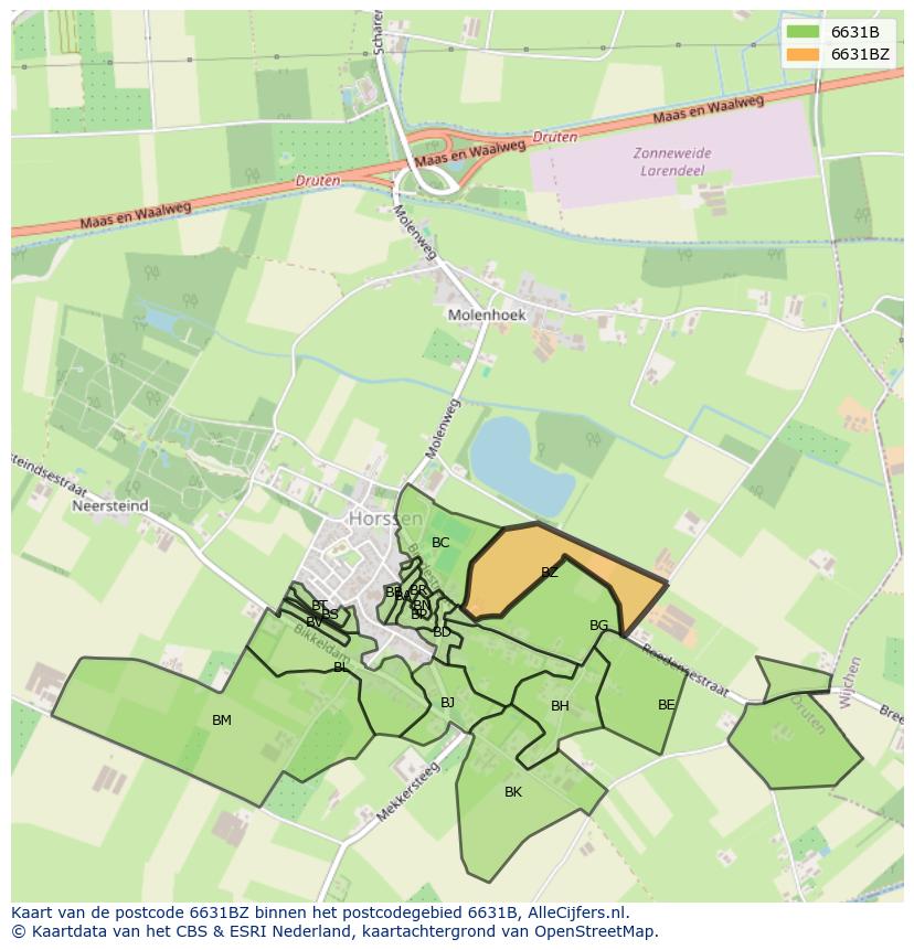 Afbeelding van het postcodegebied 6631 BZ op de kaart.