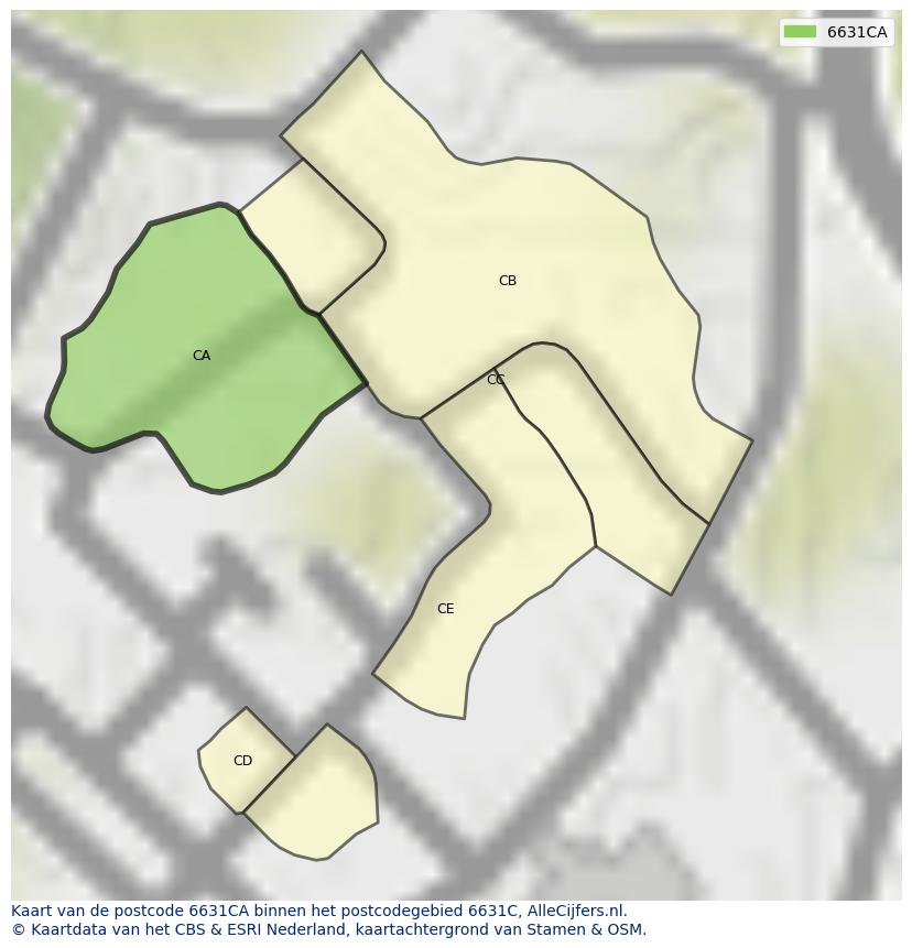 Afbeelding van het postcodegebied 6631 CA op de kaart.