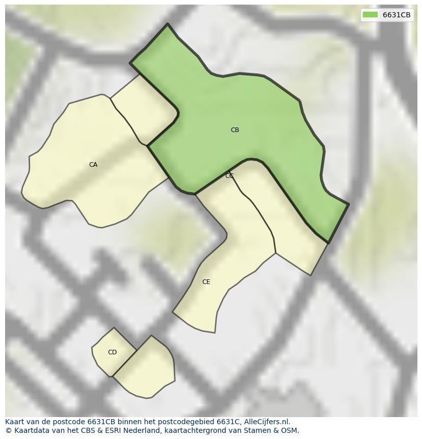 Afbeelding van het postcodegebied 6631 CB op de kaart.