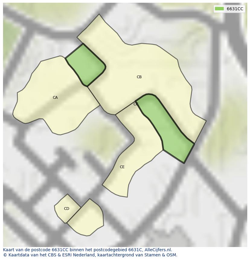 Afbeelding van het postcodegebied 6631 CC op de kaart.