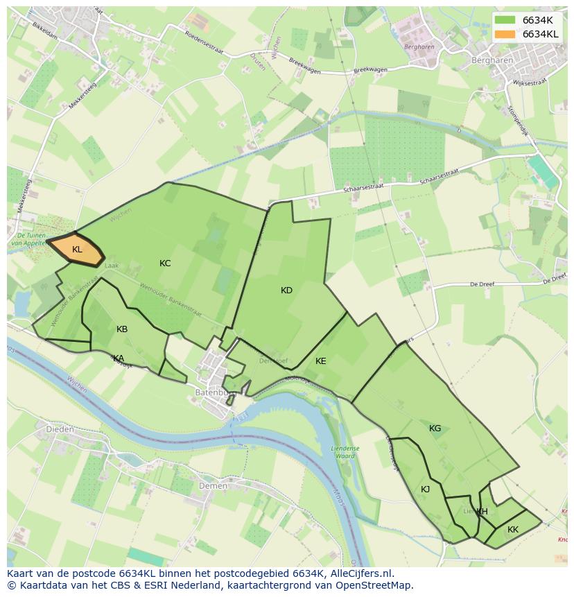 Afbeelding van het postcodegebied 6634 KL op de kaart.