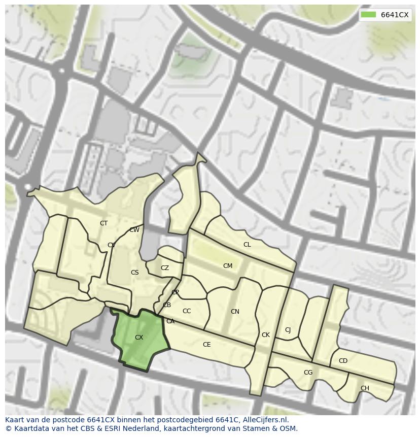 Afbeelding van het postcodegebied 6641 CX op de kaart.