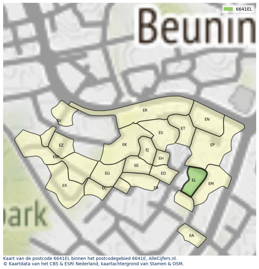 Afbeelding van het postcodegebied 6641 EL op de kaart.