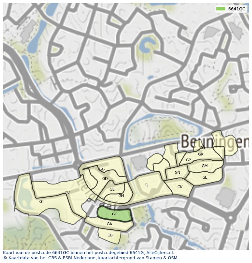 Afbeelding van het postcodegebied 6641 GC op de kaart.