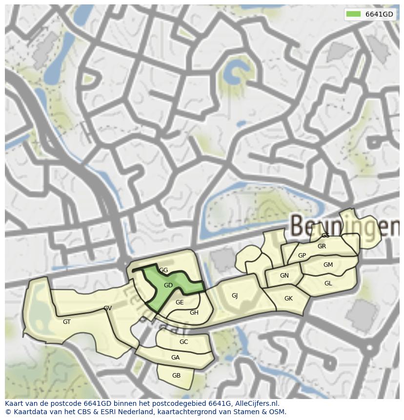 Afbeelding van het postcodegebied 6641 GD op de kaart.