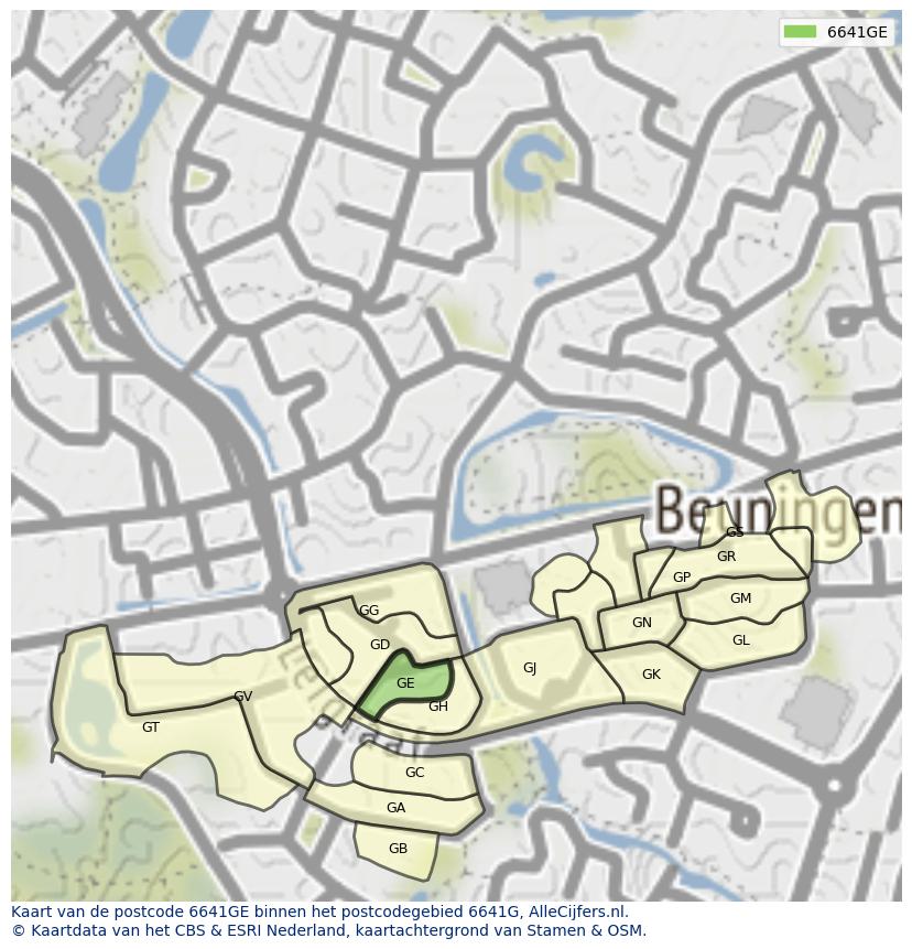 Afbeelding van het postcodegebied 6641 GE op de kaart.