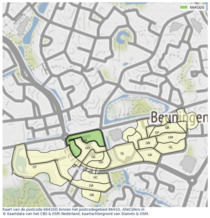 Afbeelding van het postcodegebied 6641 GG op de kaart.
