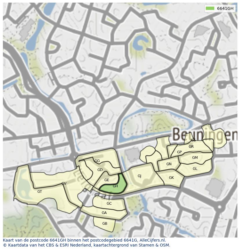 Afbeelding van het postcodegebied 6641 GH op de kaart.