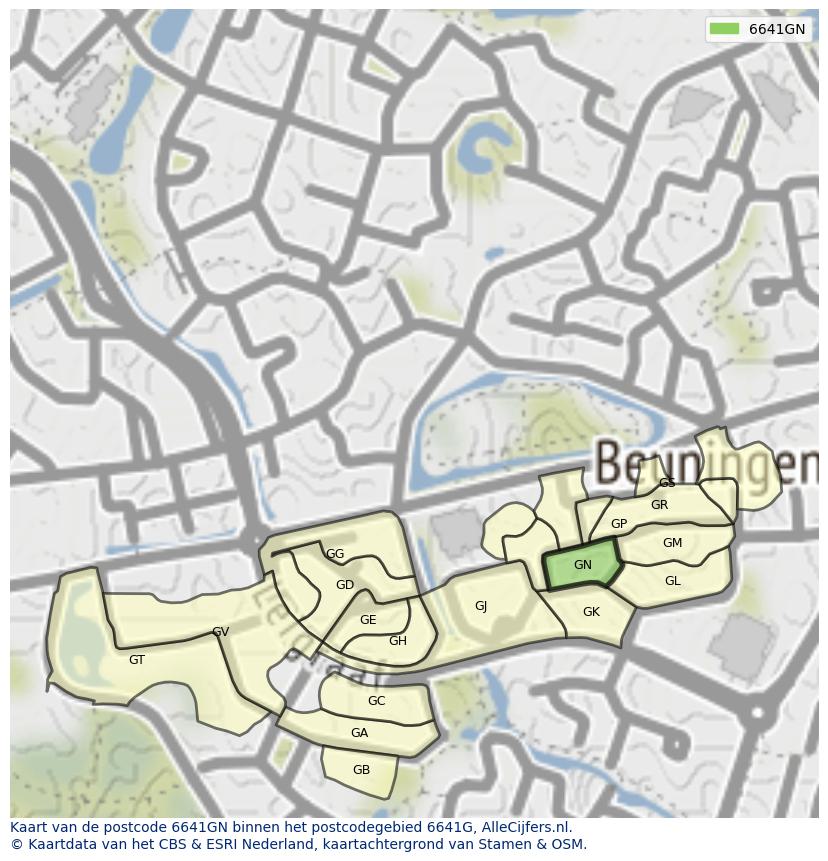 Afbeelding van het postcodegebied 6641 GN op de kaart.