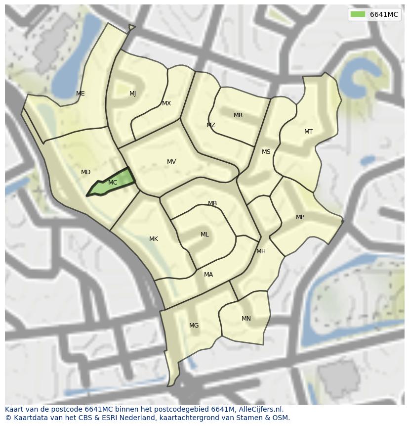 Afbeelding van het postcodegebied 6641 MC op de kaart.