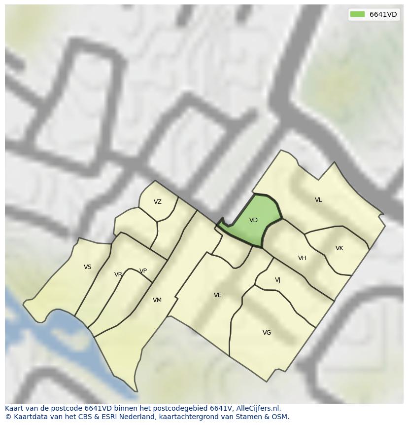 Afbeelding van het postcodegebied 6641 VD op de kaart.