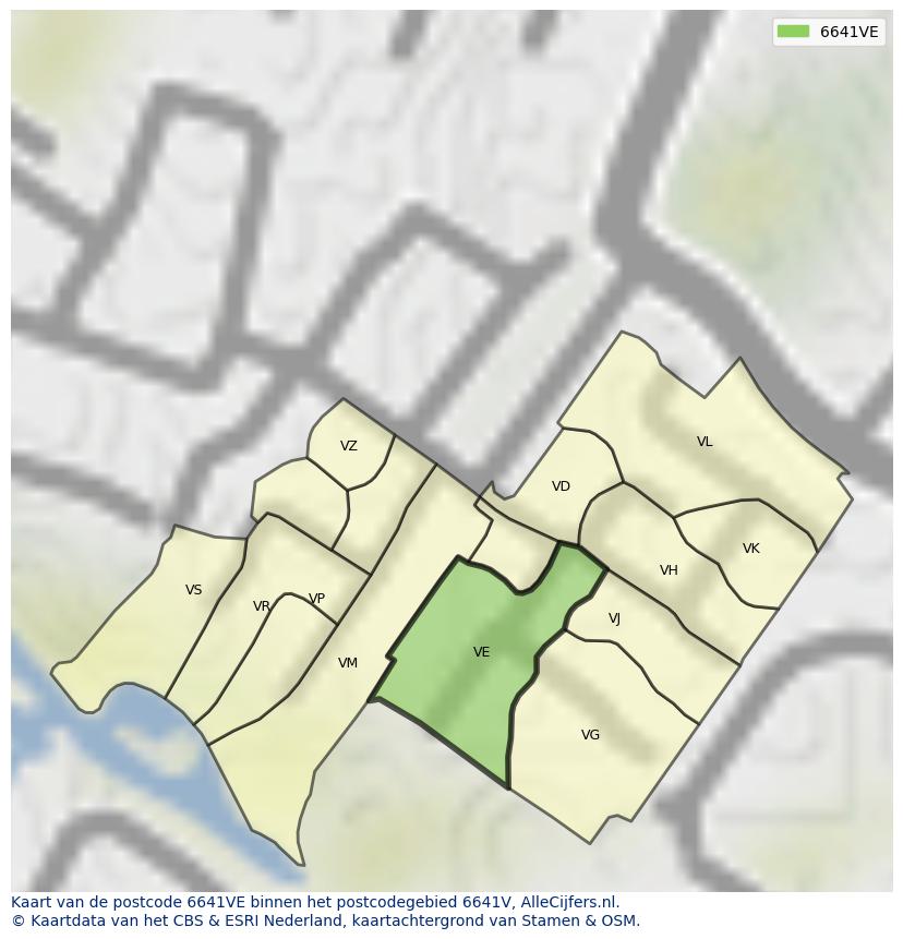 Afbeelding van het postcodegebied 6641 VE op de kaart.