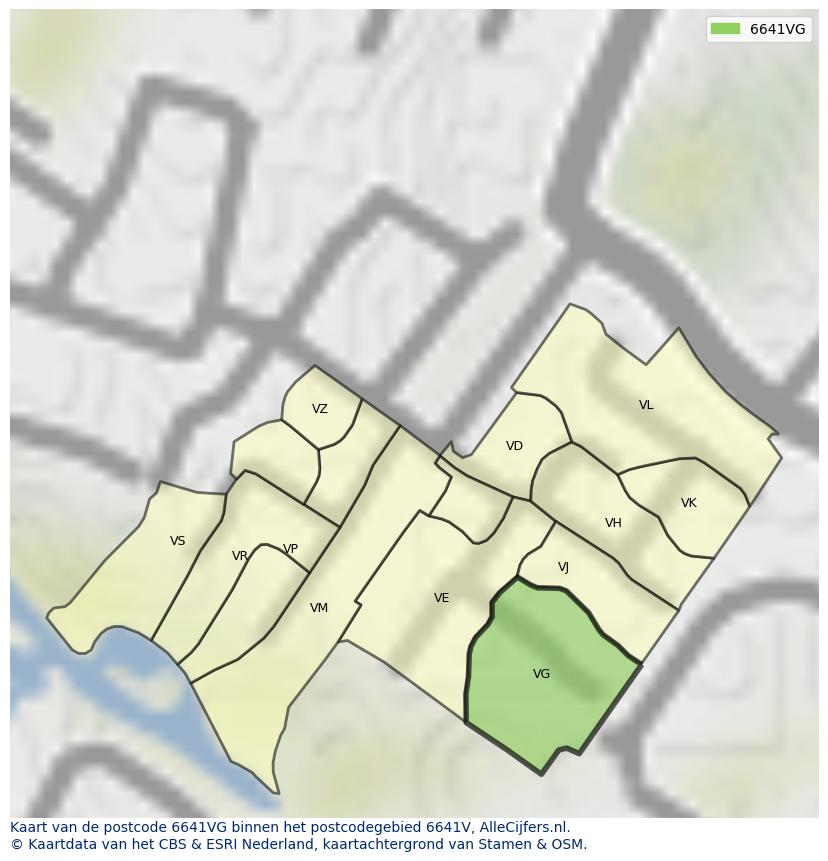 Afbeelding van het postcodegebied 6641 VG op de kaart.