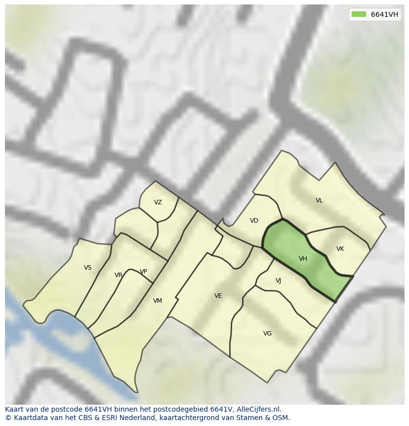 Afbeelding van het postcodegebied 6641 VH op de kaart.