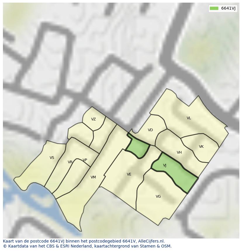 Afbeelding van het postcodegebied 6641 VJ op de kaart.
