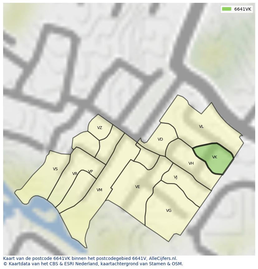Afbeelding van het postcodegebied 6641 VK op de kaart.