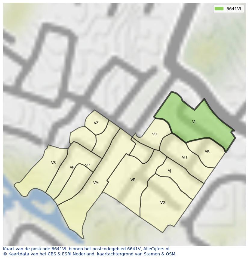 Afbeelding van het postcodegebied 6641 VL op de kaart.