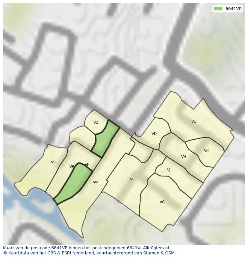 Afbeelding van het postcodegebied 6641 VP op de kaart.