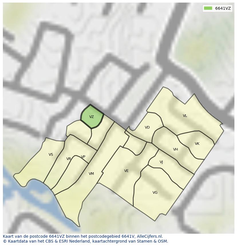 Afbeelding van het postcodegebied 6641 VZ op de kaart.