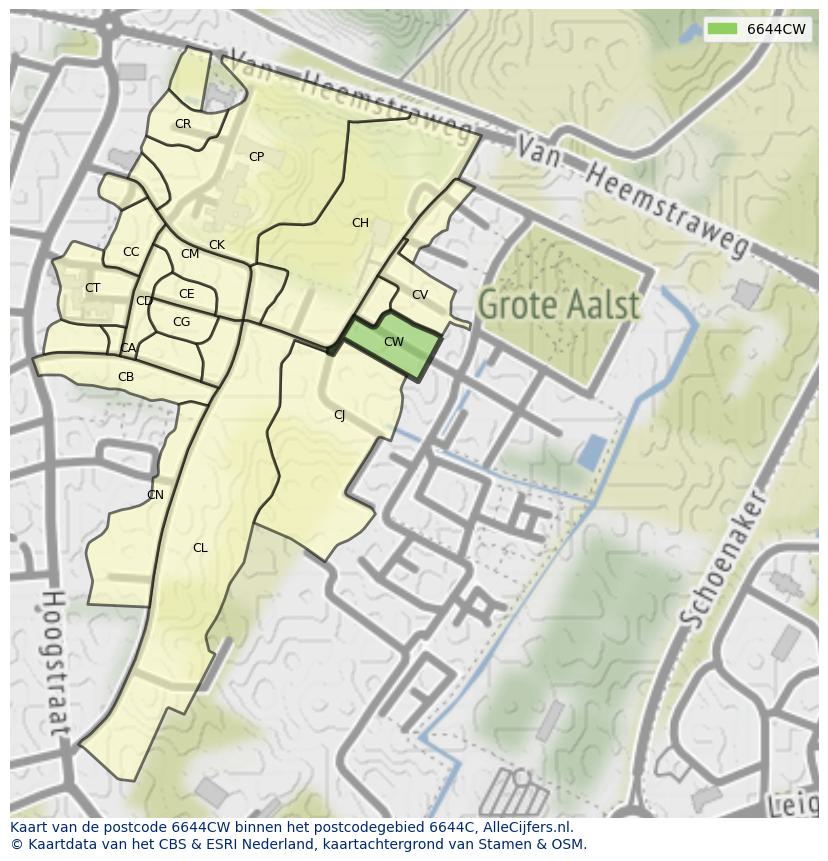 Afbeelding van het postcodegebied 6644 CW op de kaart.