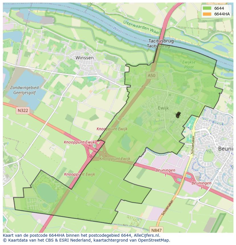 Afbeelding van het postcodegebied 6644 HA op de kaart.