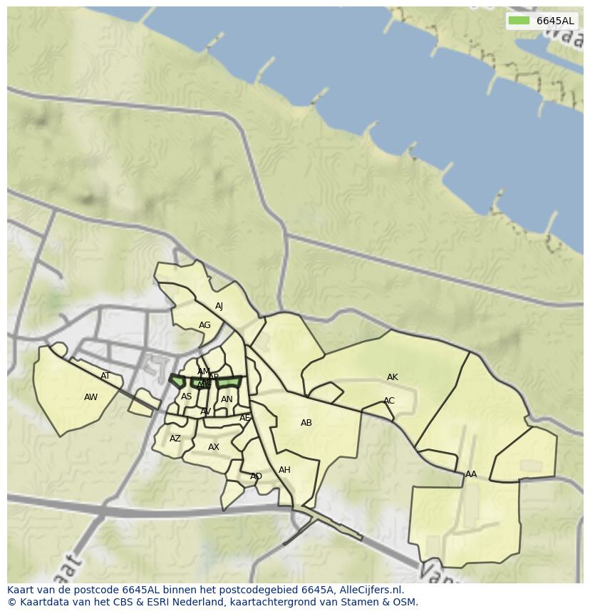 Afbeelding van het postcodegebied 6645 AL op de kaart.