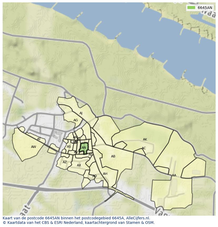 Afbeelding van het postcodegebied 6645 AN op de kaart.