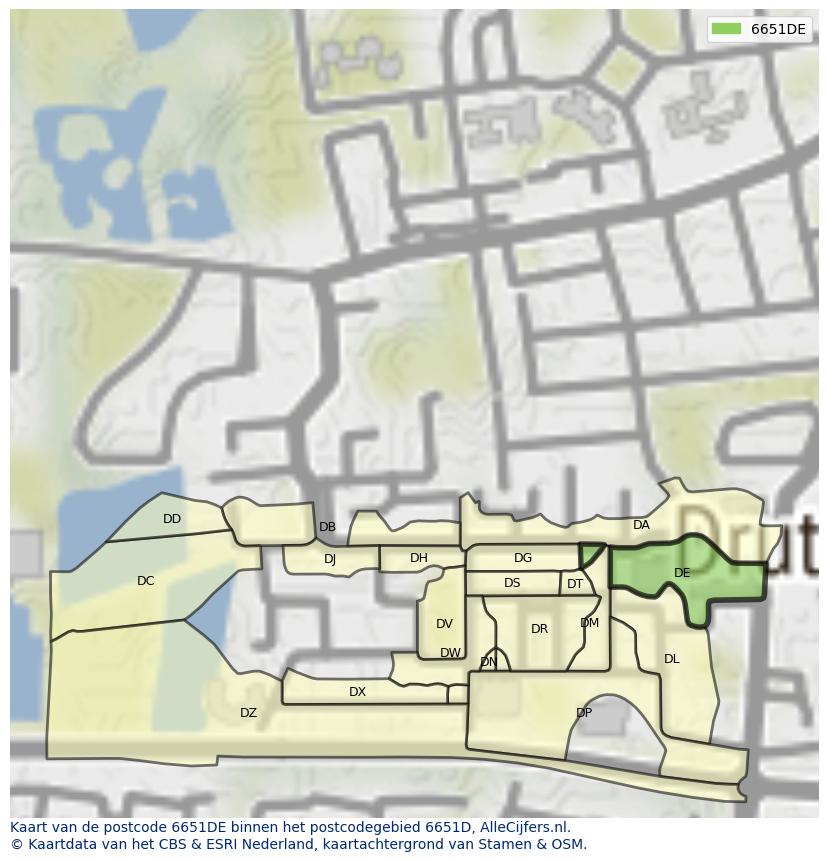 Afbeelding van het postcodegebied 6651 DE op de kaart.