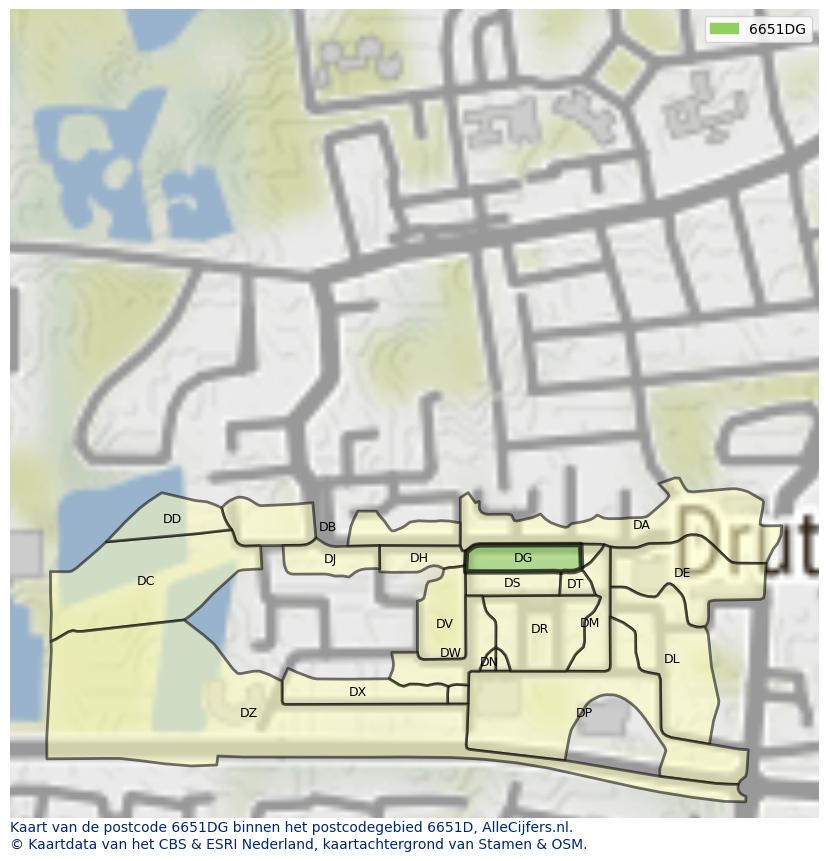 Afbeelding van het postcodegebied 6651 DG op de kaart.
