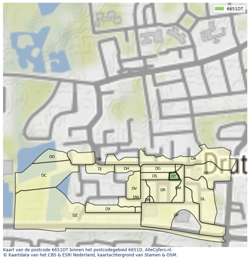 Afbeelding van het postcodegebied 6651 DT op de kaart.