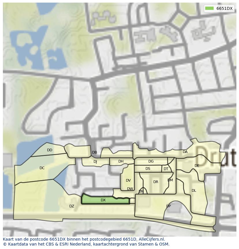 Afbeelding van het postcodegebied 6651 DX op de kaart.