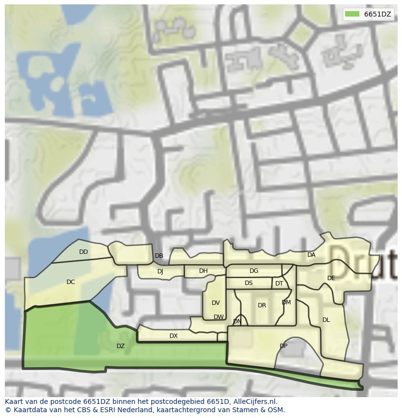 Afbeelding van het postcodegebied 6651 DZ op de kaart.