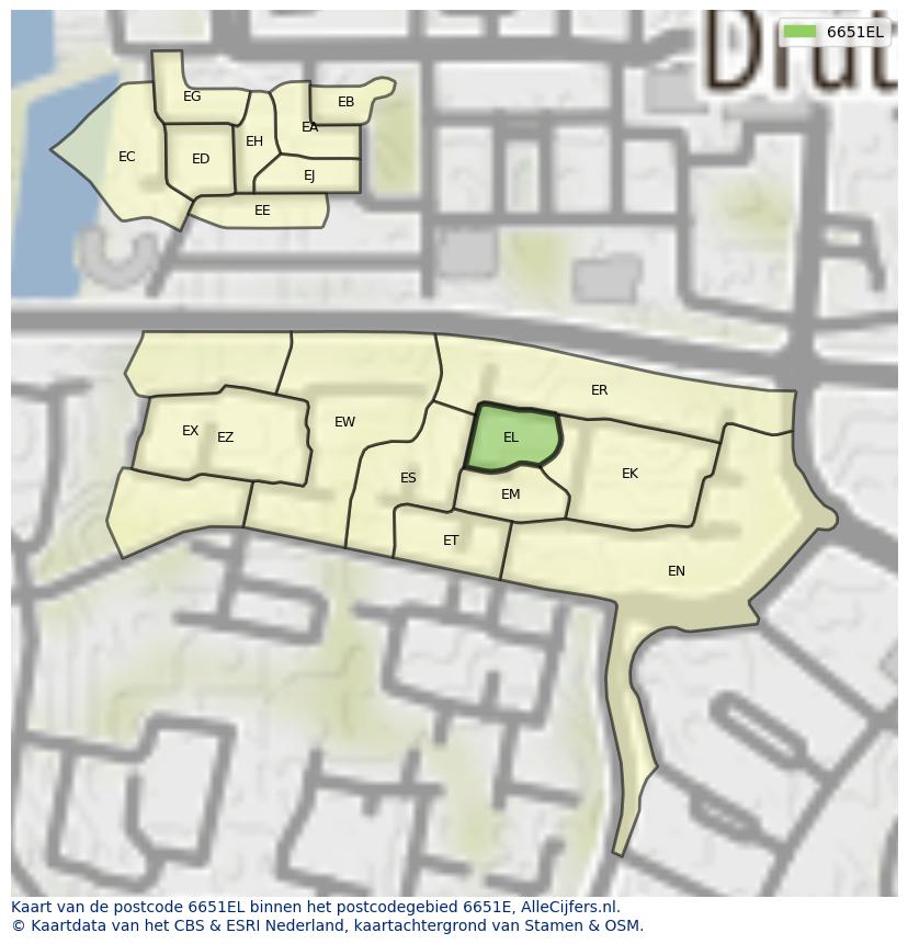 Afbeelding van het postcodegebied 6651 EL op de kaart.