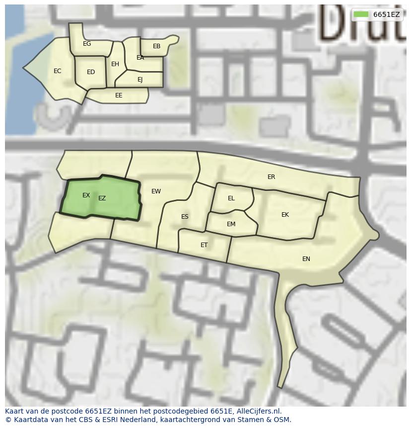 Afbeelding van het postcodegebied 6651 EZ op de kaart.