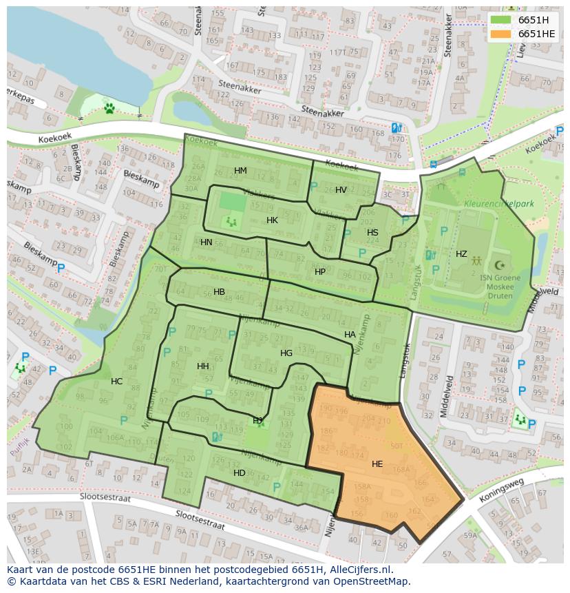 Afbeelding van het postcodegebied 6651 HE op de kaart.
