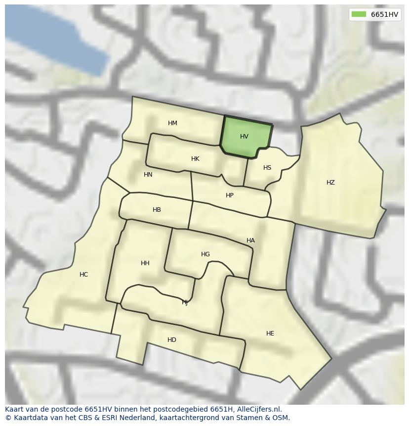 Afbeelding van het postcodegebied 6651 HV op de kaart.