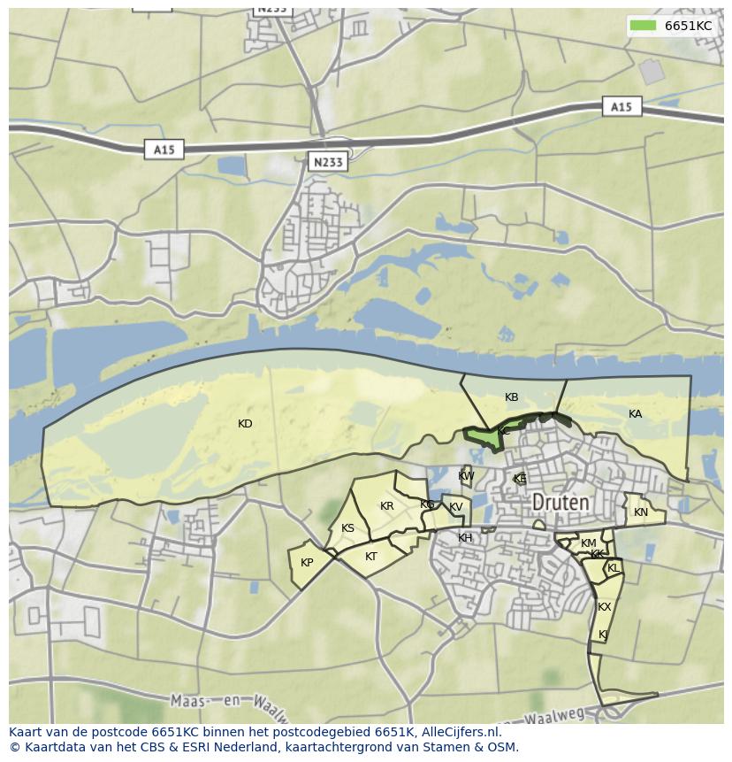 Afbeelding van het postcodegebied 6651 KC op de kaart.