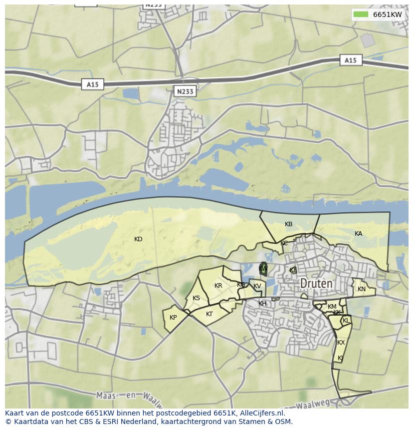 Afbeelding van het postcodegebied 6651 KW op de kaart.