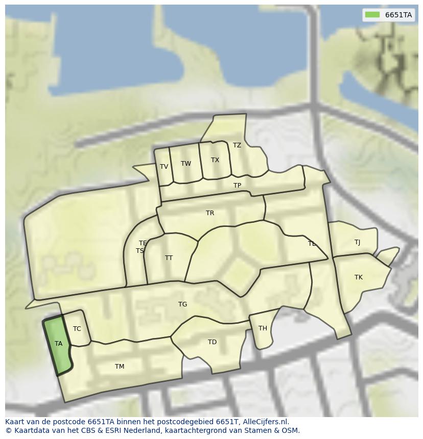 Afbeelding van het postcodegebied 6651 TA op de kaart.
