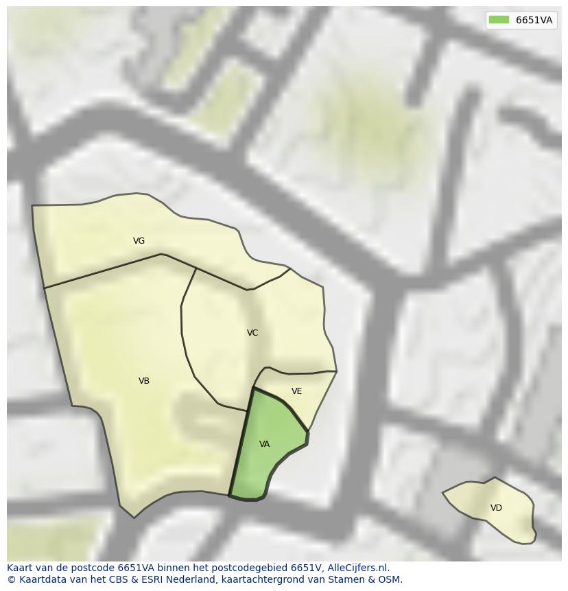 Afbeelding van het postcodegebied 6651 VA op de kaart.