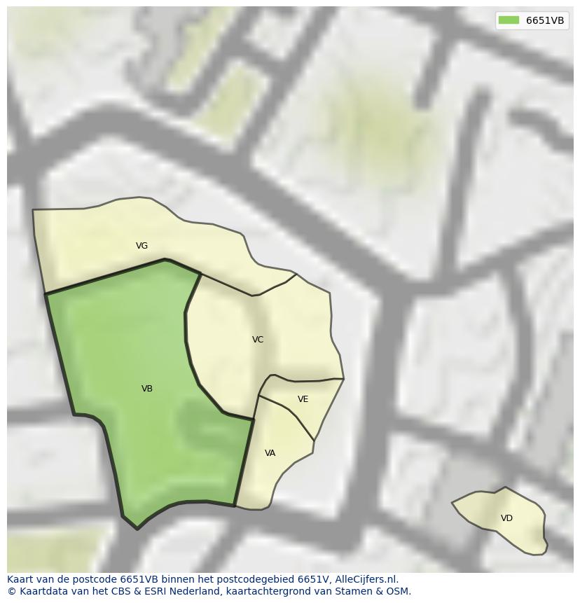 Afbeelding van het postcodegebied 6651 VB op de kaart.