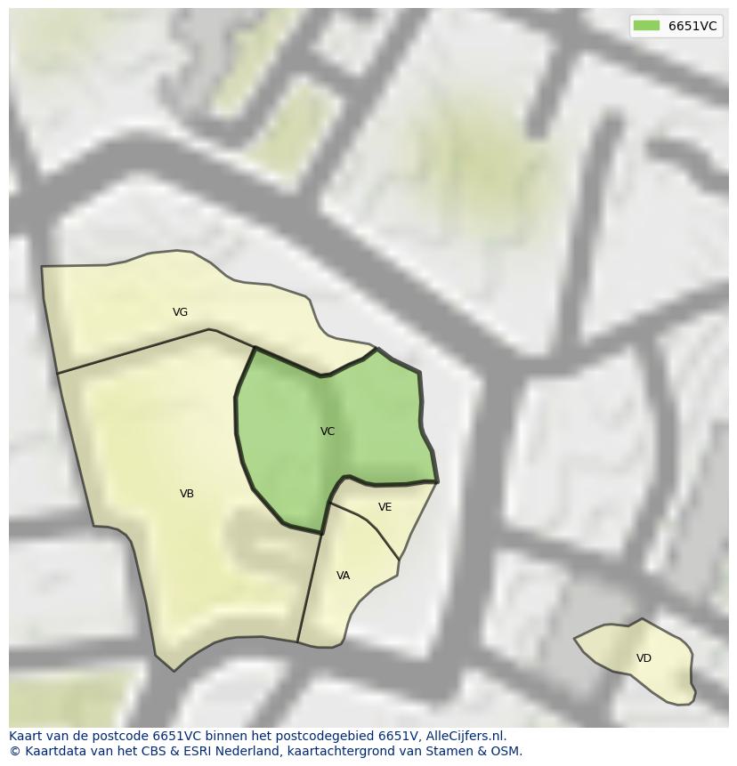 Afbeelding van het postcodegebied 6651 VC op de kaart.