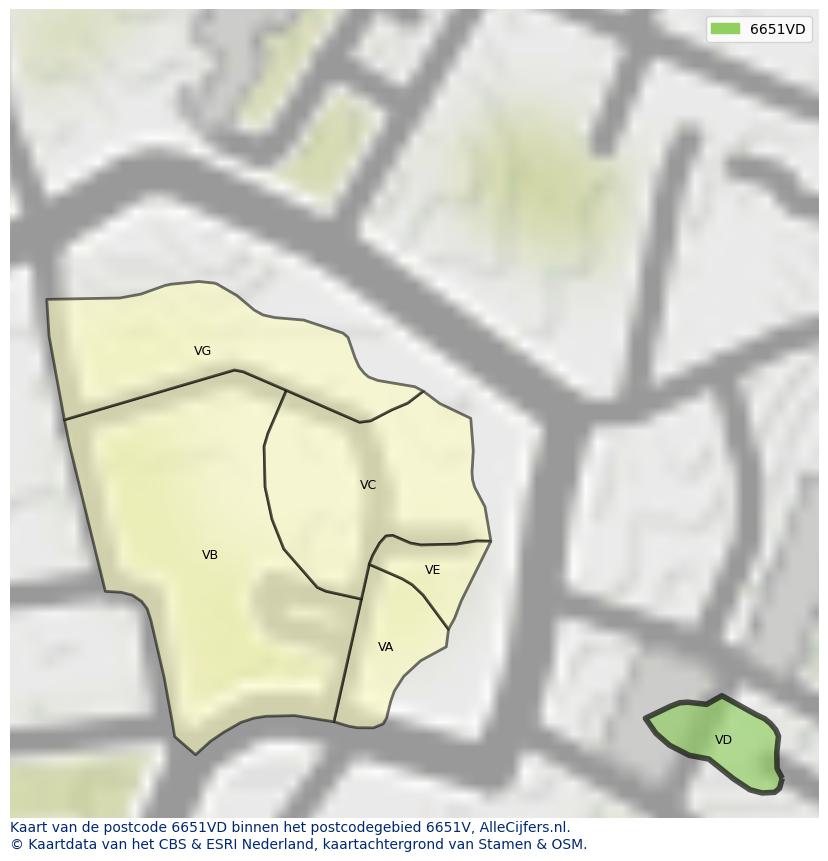 Afbeelding van het postcodegebied 6651 VD op de kaart.