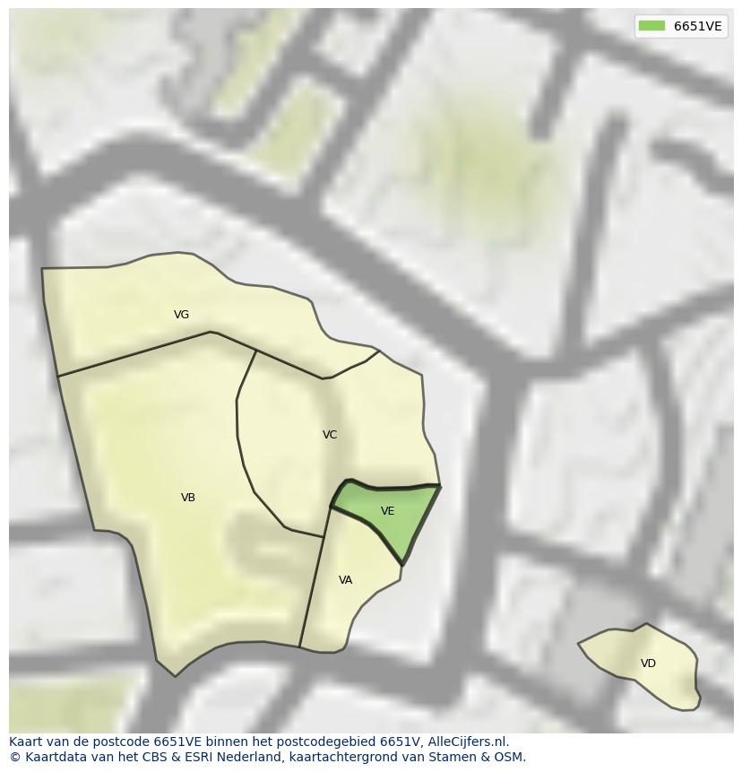 Afbeelding van het postcodegebied 6651 VE op de kaart.