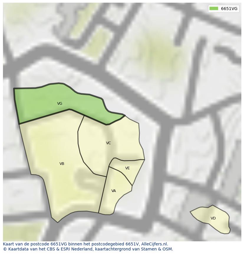 Afbeelding van het postcodegebied 6651 VG op de kaart.